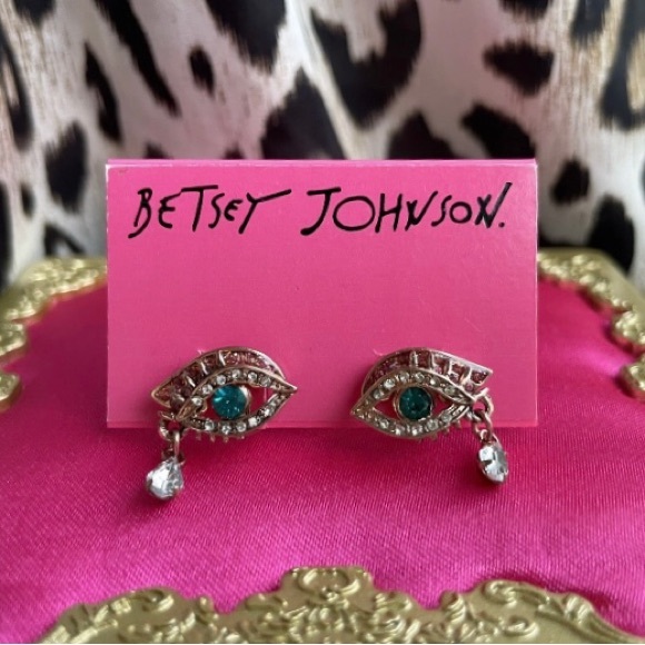 Betsey Johnson Jewelry - NWT Betsey Johnson Evil Eye Earrings Rose - Gold Teal Crystal Dangle Accents